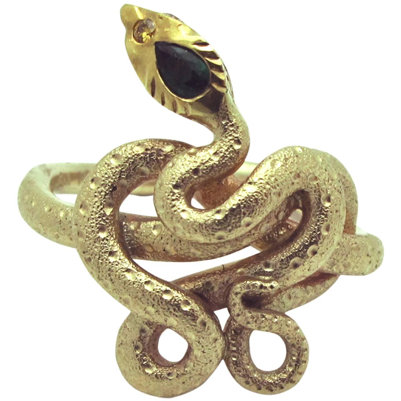 Emerald Diamond 14 Karat Gold Snake Ring