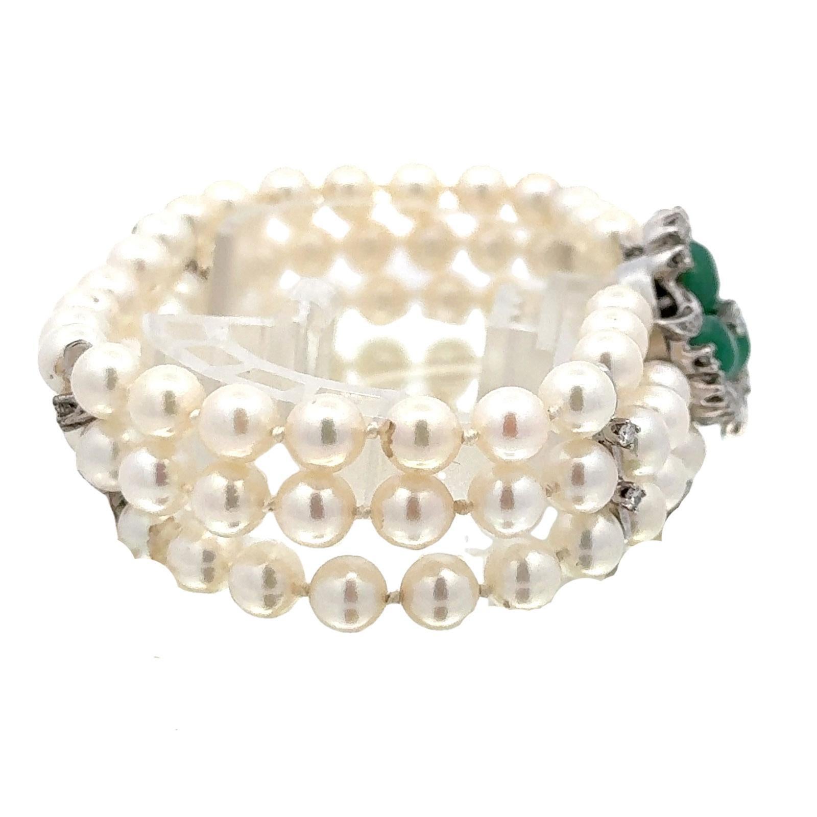 Cabochon Emerald Diamond 14 Karat White Gold Clasp Three Strand Pearl Bracelet