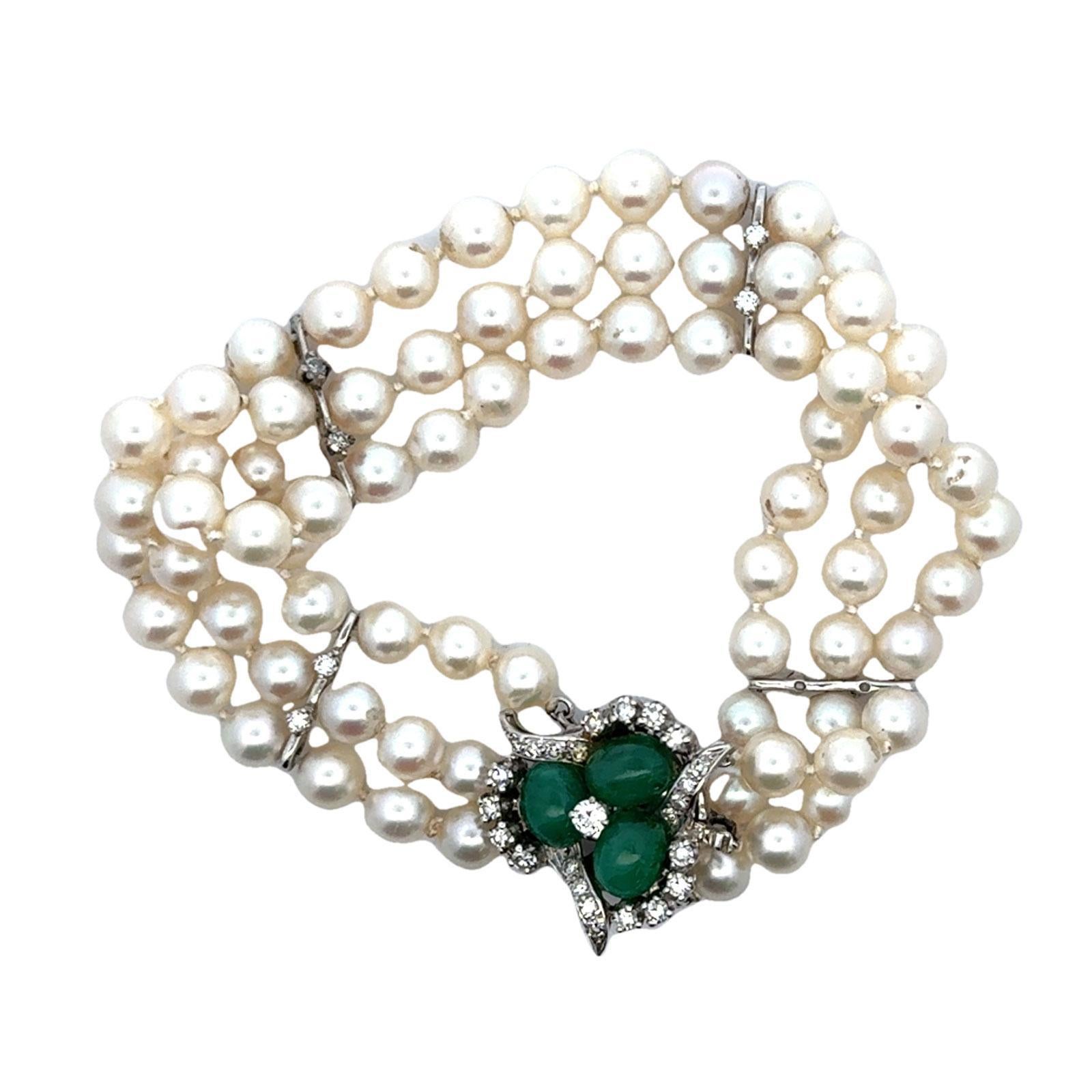 Emerald Diamond 14 Karat White Gold Clasp Three Strand Pearl Bracelet 2