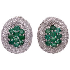 Emerald Diamond 14 Karat White Gold Oval Earrings Omega Backs