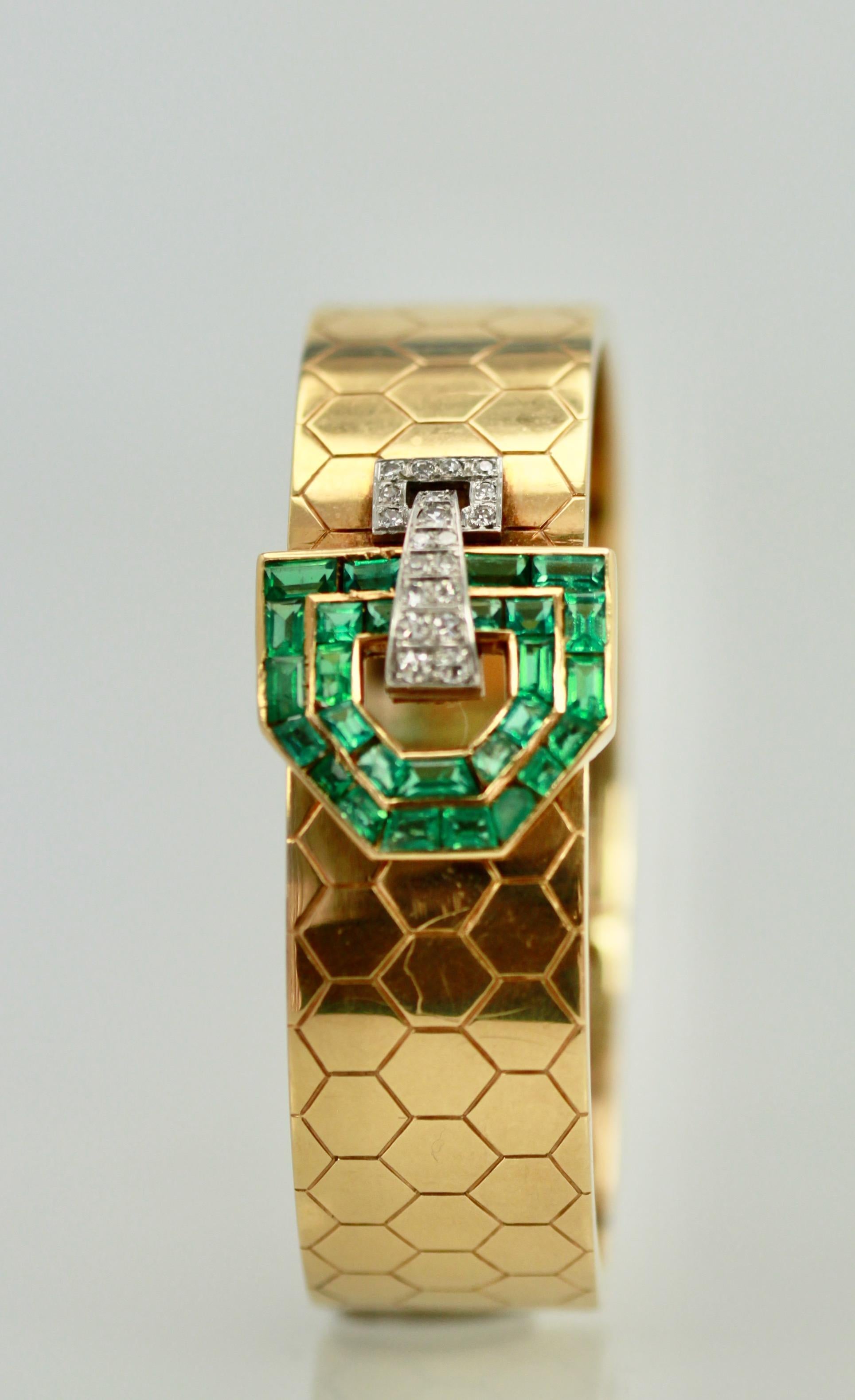 Retro Emerald Diamond 14 Karat Bracelet Honeycomb Strap