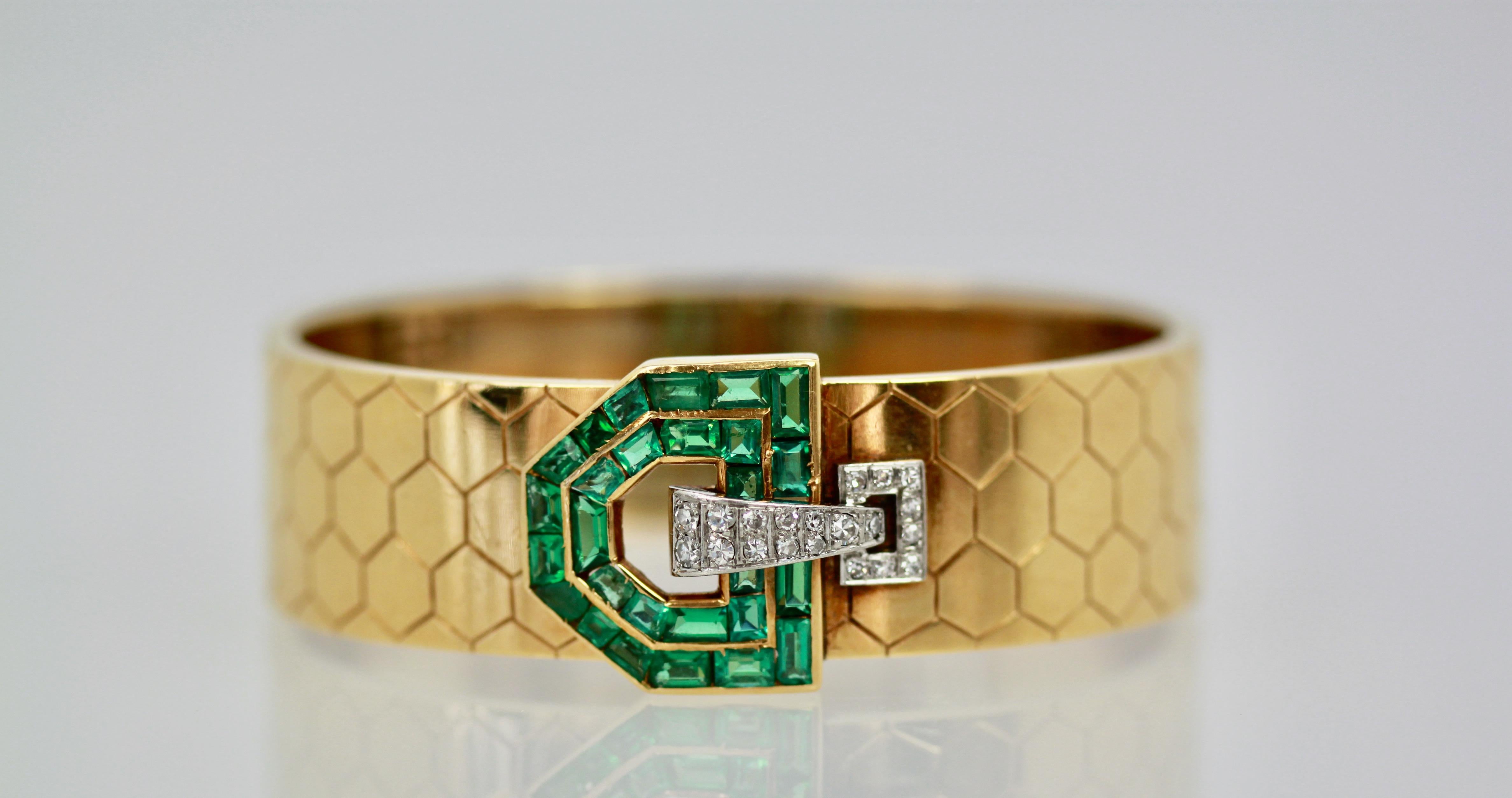 Baguette Cut Emerald Diamond 14 Karat Bracelet Honeycomb Strap