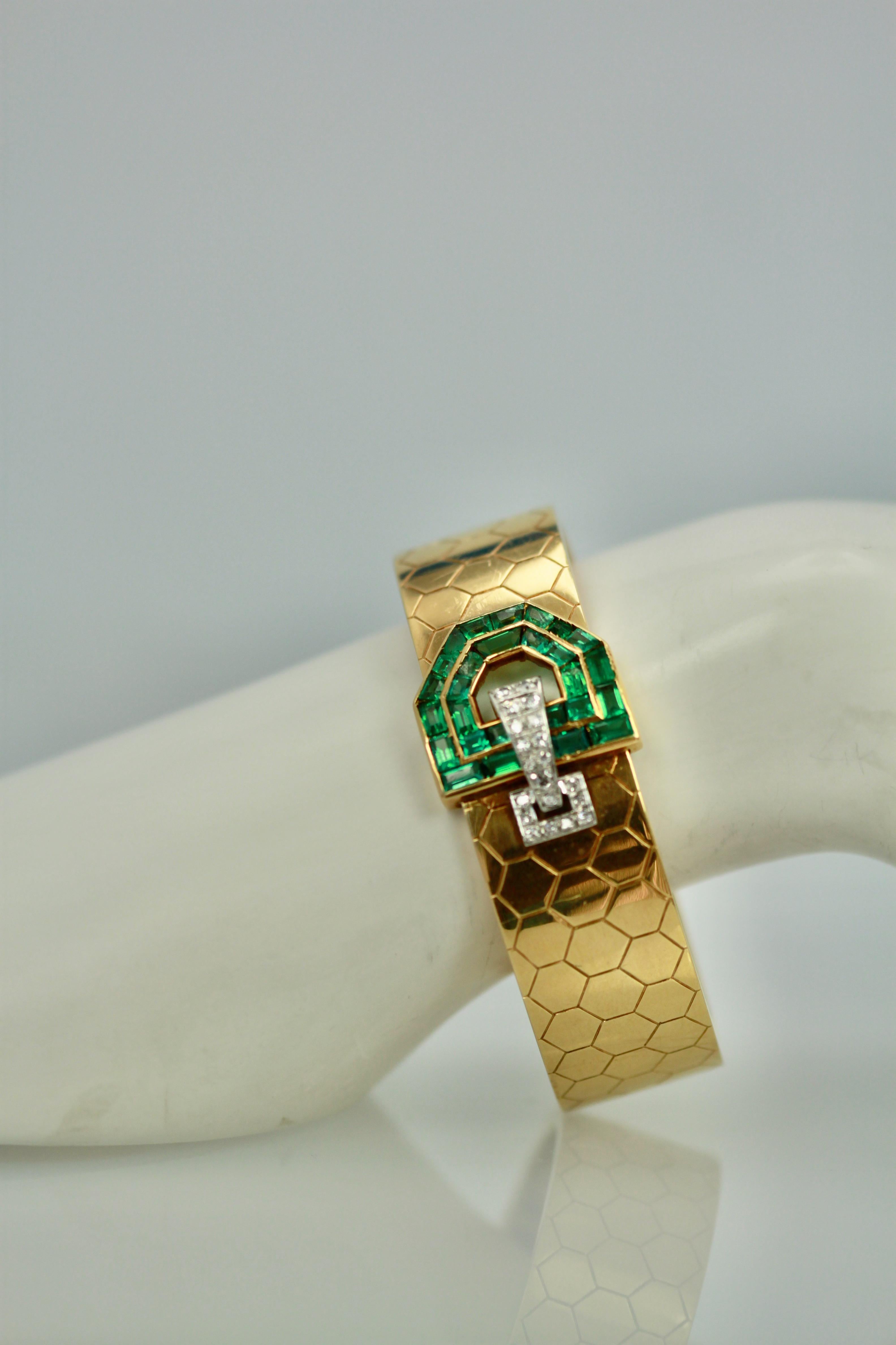 Emerald Diamond 14 Karat Bracelet Honeycomb Strap In Good Condition In North Hollywood, CA