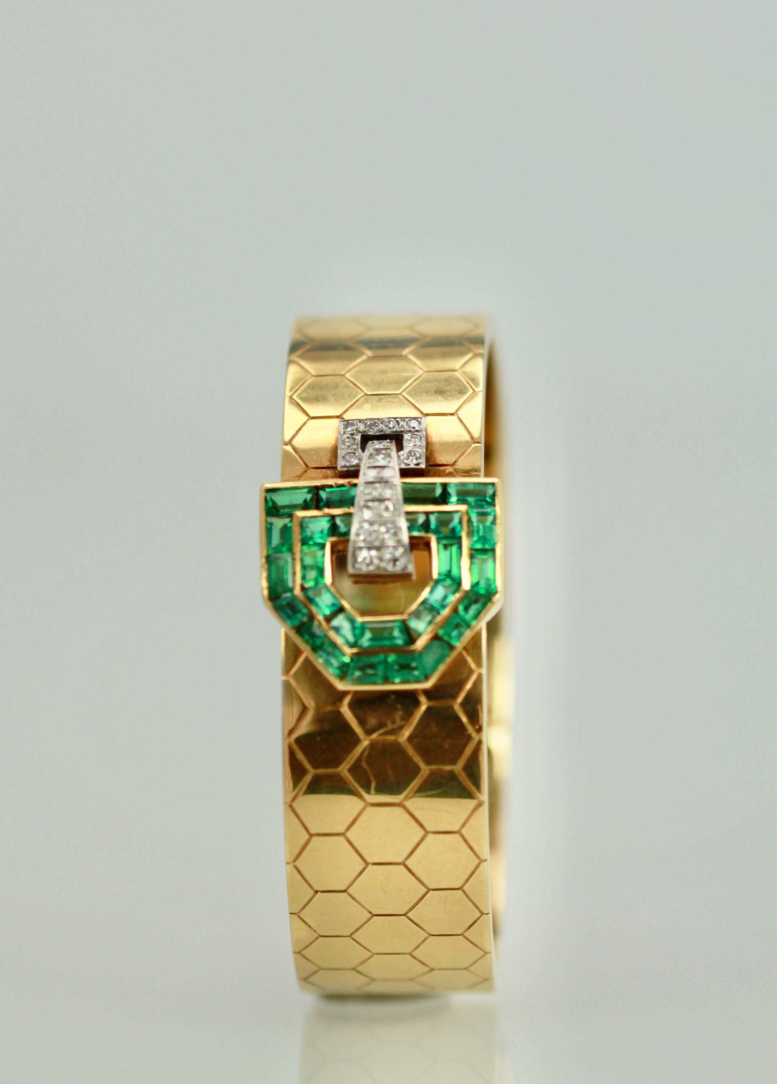 Women's Emerald Diamond 14 Karat Bracelet Honeycomb Strap