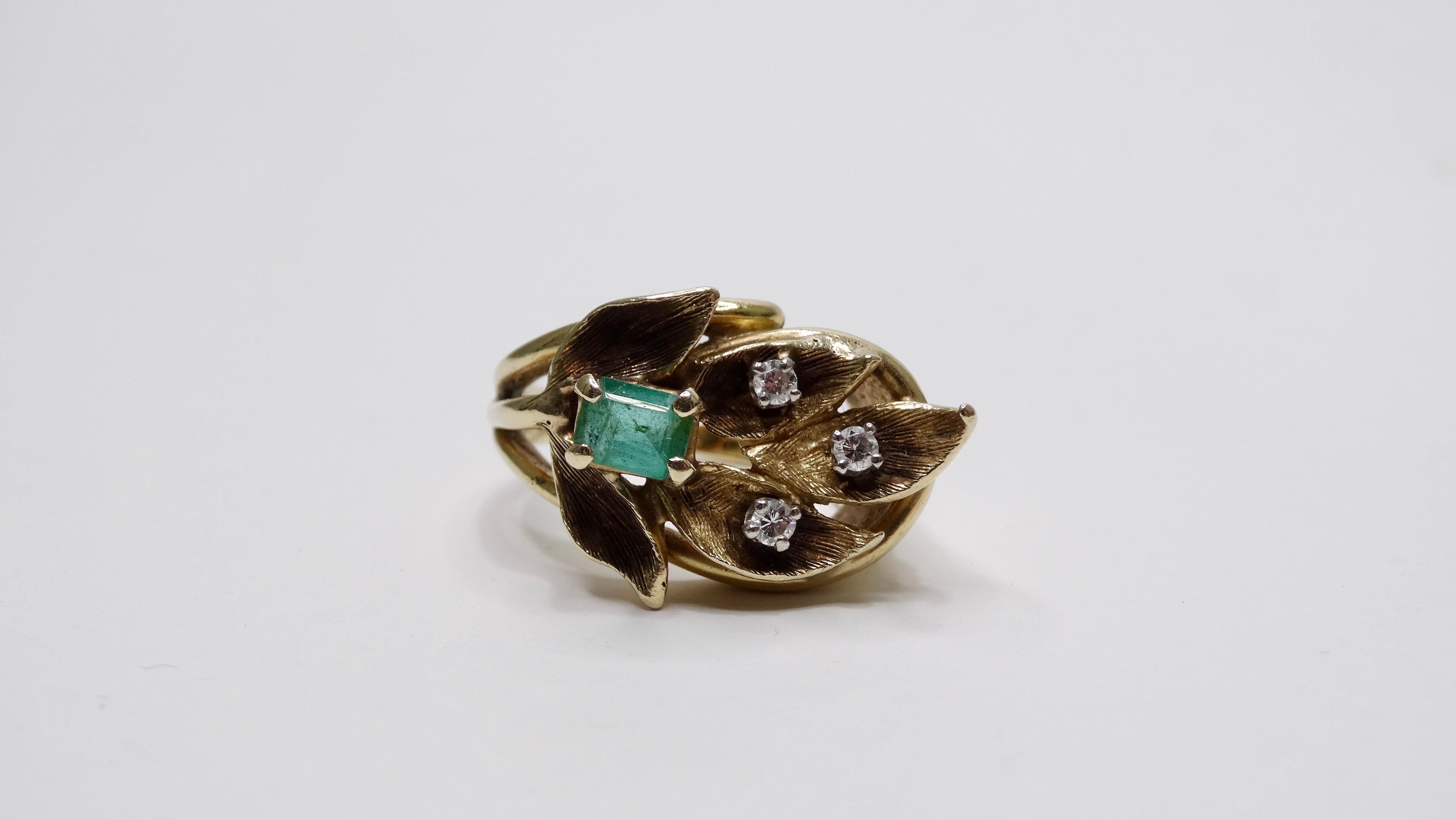 Emerald & Diamond 14k Gold Leaf Ring  In Good Condition For Sale In Scottsdale, AZ