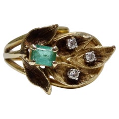Vintage Emerald & Diamond 14k Gold Leaf Ring 