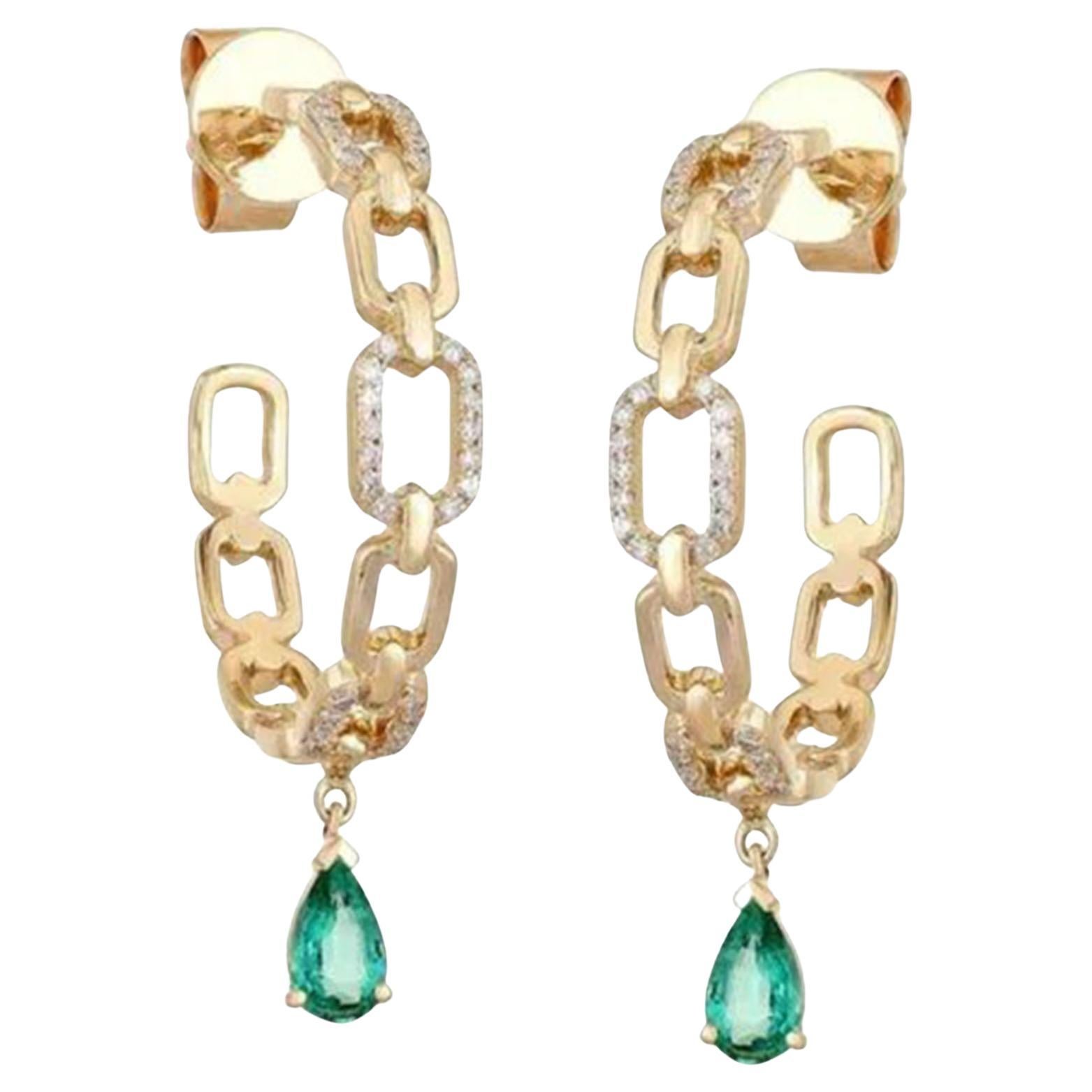 0.14ct Diamond & Emerald Chain Link 14K Gold Hoop Earrings For Sale