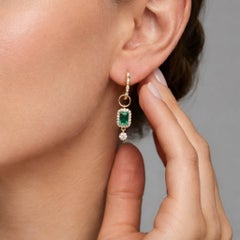 Emerald Diamond 14K (or 18k upon request) Yellow Gold Halo Dangle Earrings