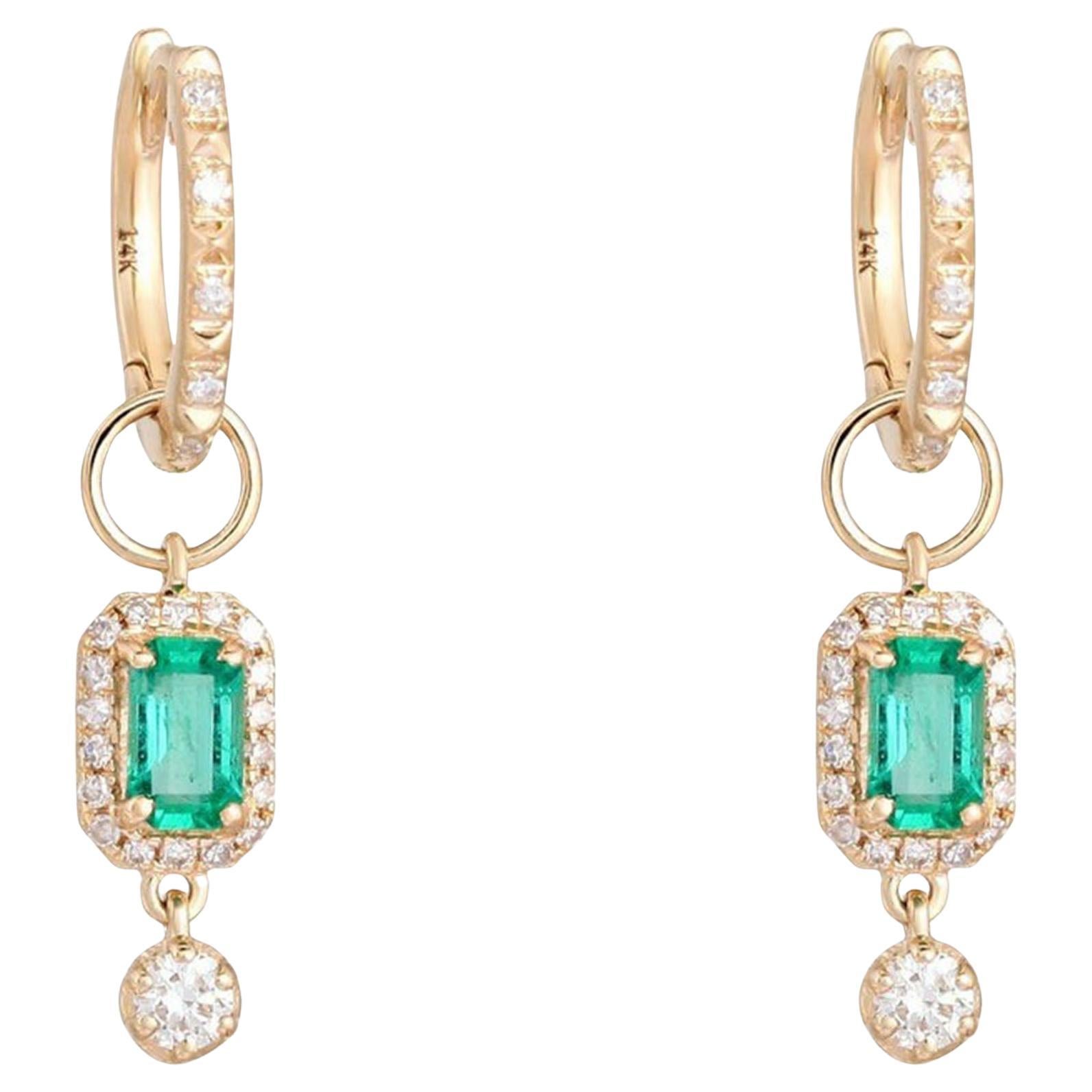 Emerald Diamond 14K (or 18k upon request) Yellow Gold Halo Dangle Earrings For Sale