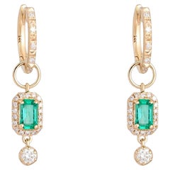 Emerald Diamond 14K (or 18k upon request) Yellow Gold Halo Dangle Earrings