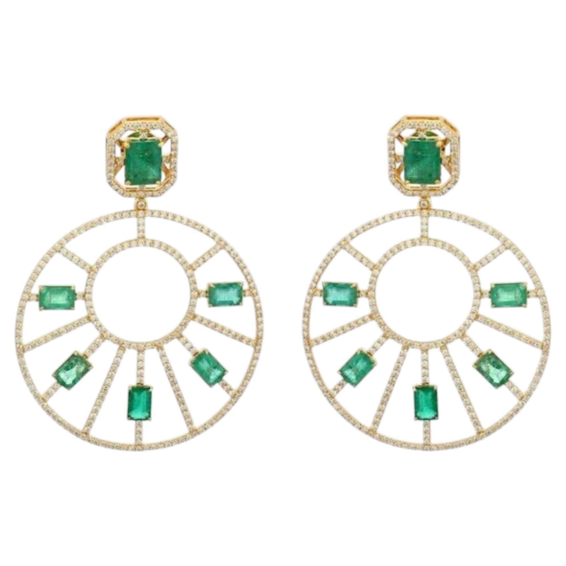 8.22ct Emerald & 3.38ct Diamond 14K Yellow Gold Statement Earrings For Sale