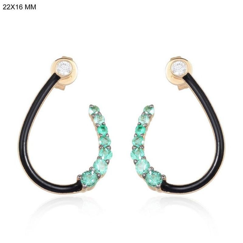 Moderne Boucles d'oreilles courbes en or jaune 14K avec diamant émeraude et émail noir en vente