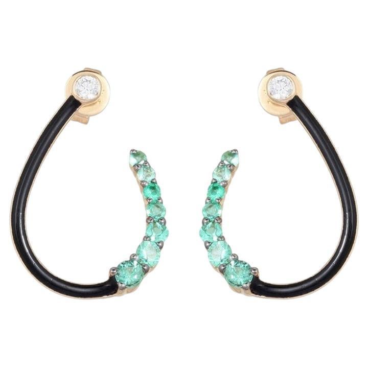 Boucles d'oreilles courbes en or jaune 14K avec diamant émeraude et émail noir en vente