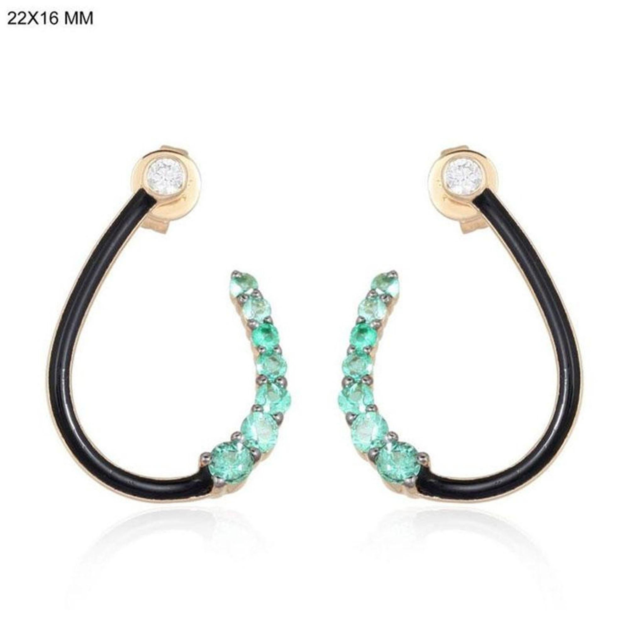 Pendientes Curva Esmeralda Diamante Oro Amarillo 14K Esmalte Negro en venta