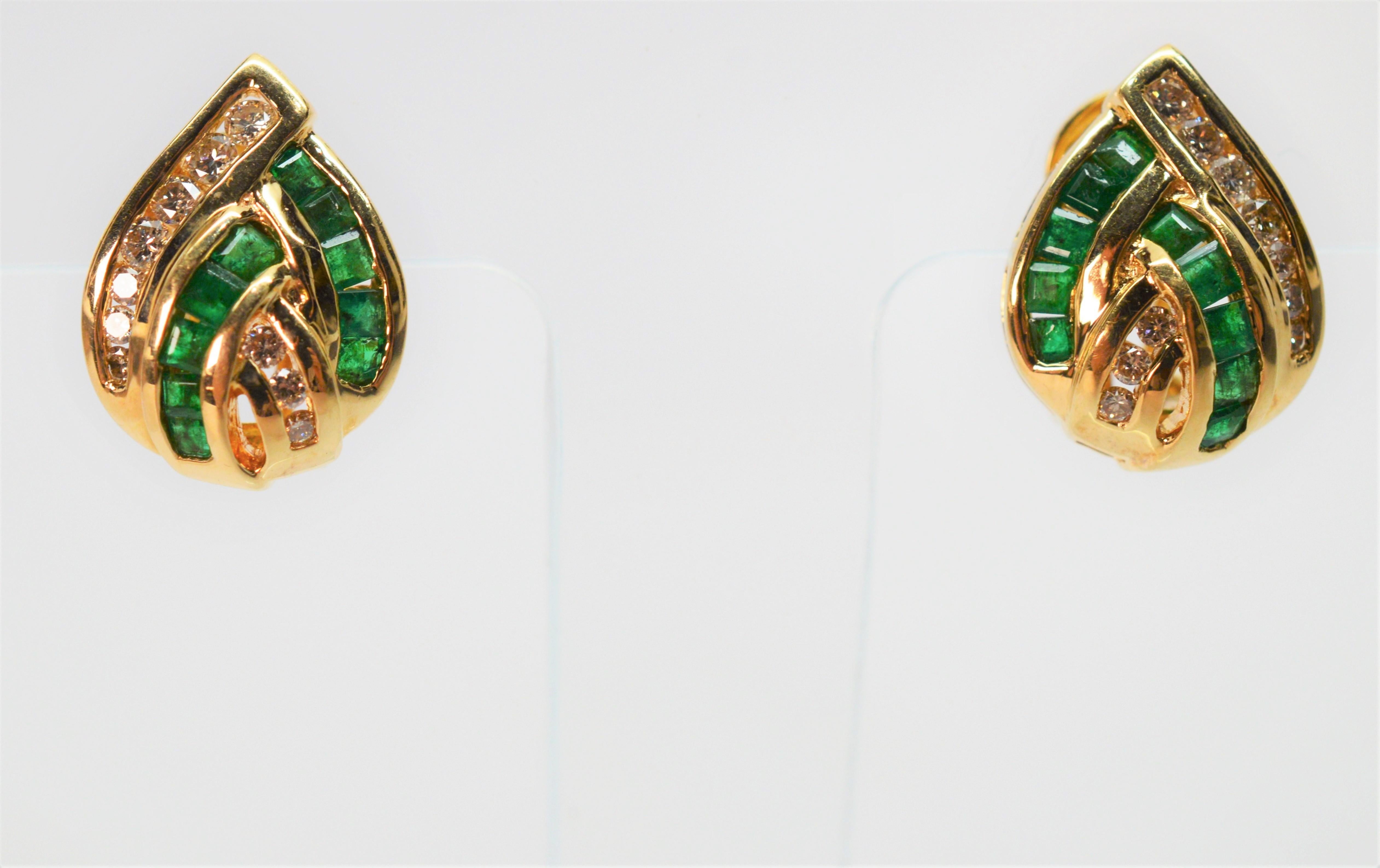 A jeweled twist of yellow gold creates this teardrop shaped earring pair,  showcasing vibrant hand cut square emeralds .40 carat total weight and round diamonds .40 carats total weight.
Measuring 5/8 inch long and 1/2 inch wide and is stud style