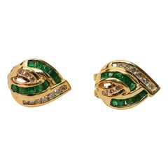 Vintage Emerald Diamond 14K Yellow Gold Knot Earrings