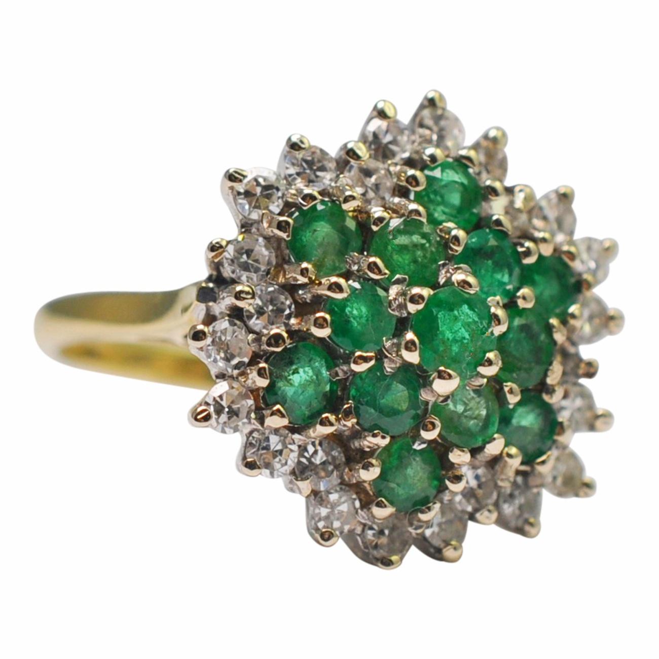 Round Cut Emerald Diamond 18 Carat Gold Cluster Ring