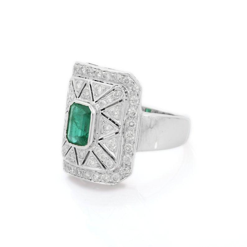 Cushion Cut Emerald Diamond 14 Karat Gold Art Deco Style Ring For Sale