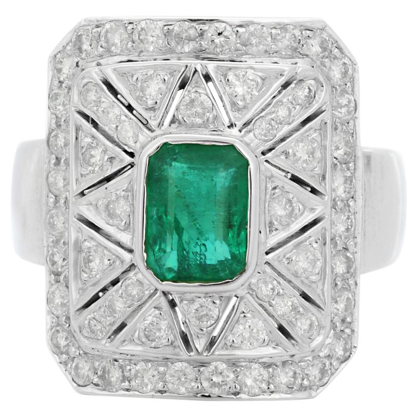 Anillo Esmeralda Diamante Oro 14 Kilates Estilo Art Decó
