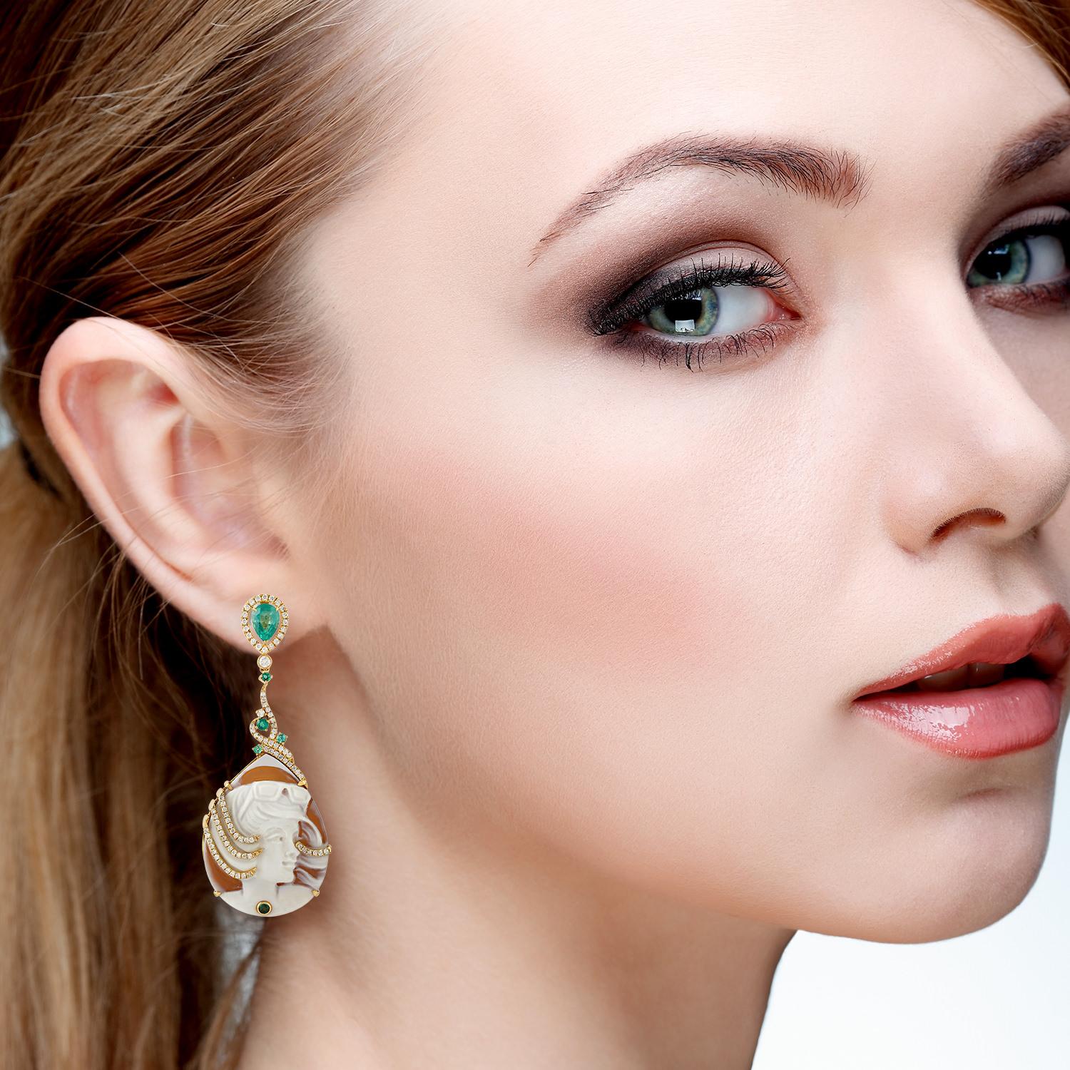 Modern Emerald Diamond 18 Karat Gold Cameo Earrings For Sale