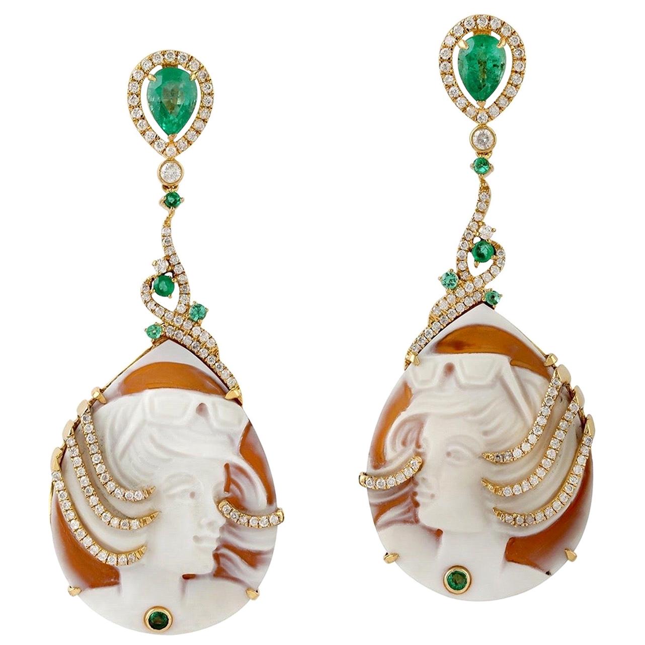 Emerald Diamond 18 Karat Gold Cameo Earrings