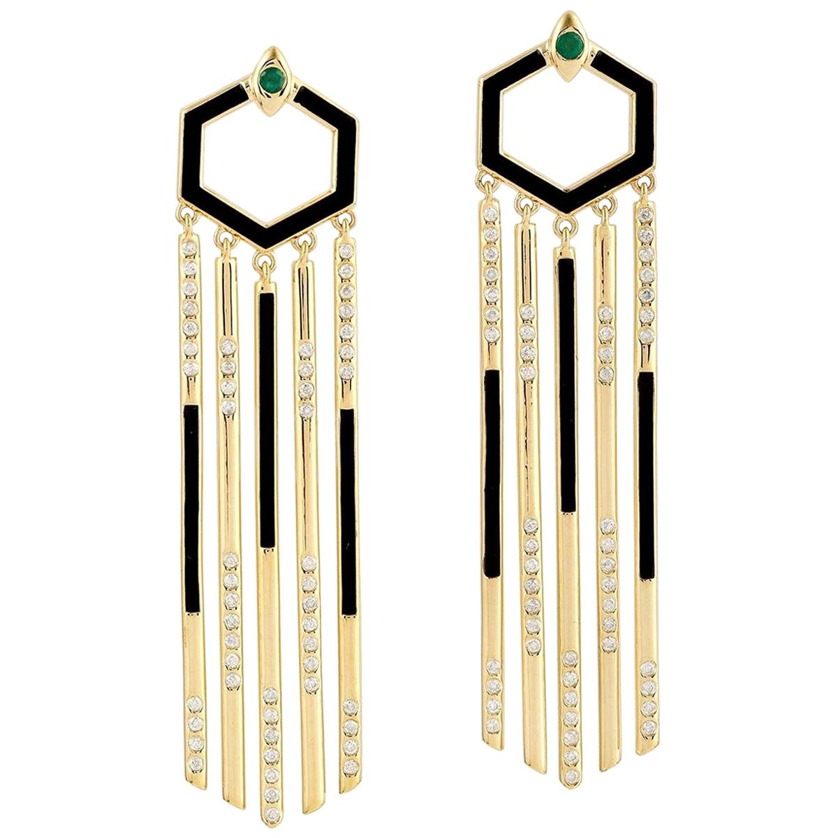 Emerald Diamond 18 Karat Gold Chain Earrings For Sale