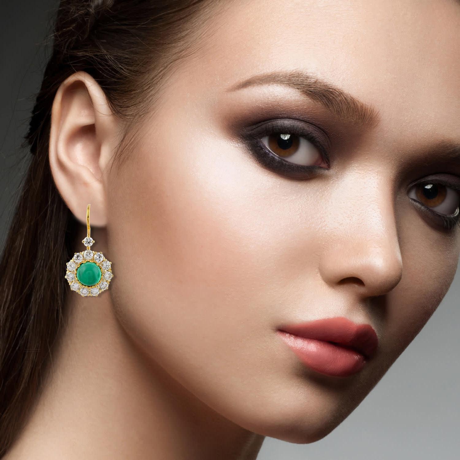 Round Cut Emerald Diamond 18 Karat Gold Earrings For Sale