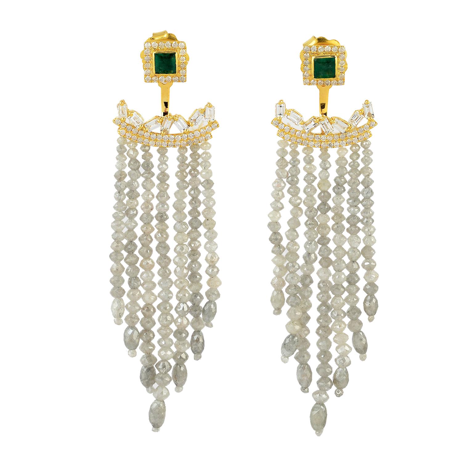 Bead Emerald Diamond 18 Karat Gold Earrings For Sale