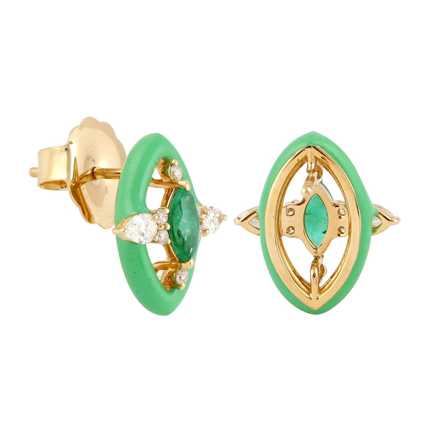These enamel earrings are crafted from 14-karat gold & set with .55 carats emerald and .46 carats of sparkling diamonds. Available in turquoise, red and white enamel. See matching ring part of this collection.

FOLLOW MEGHNA JEWELS storefront to
