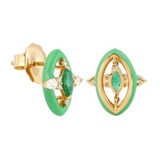 Emerald Diamond 14 Karat Gold Enamel Stud Earrings