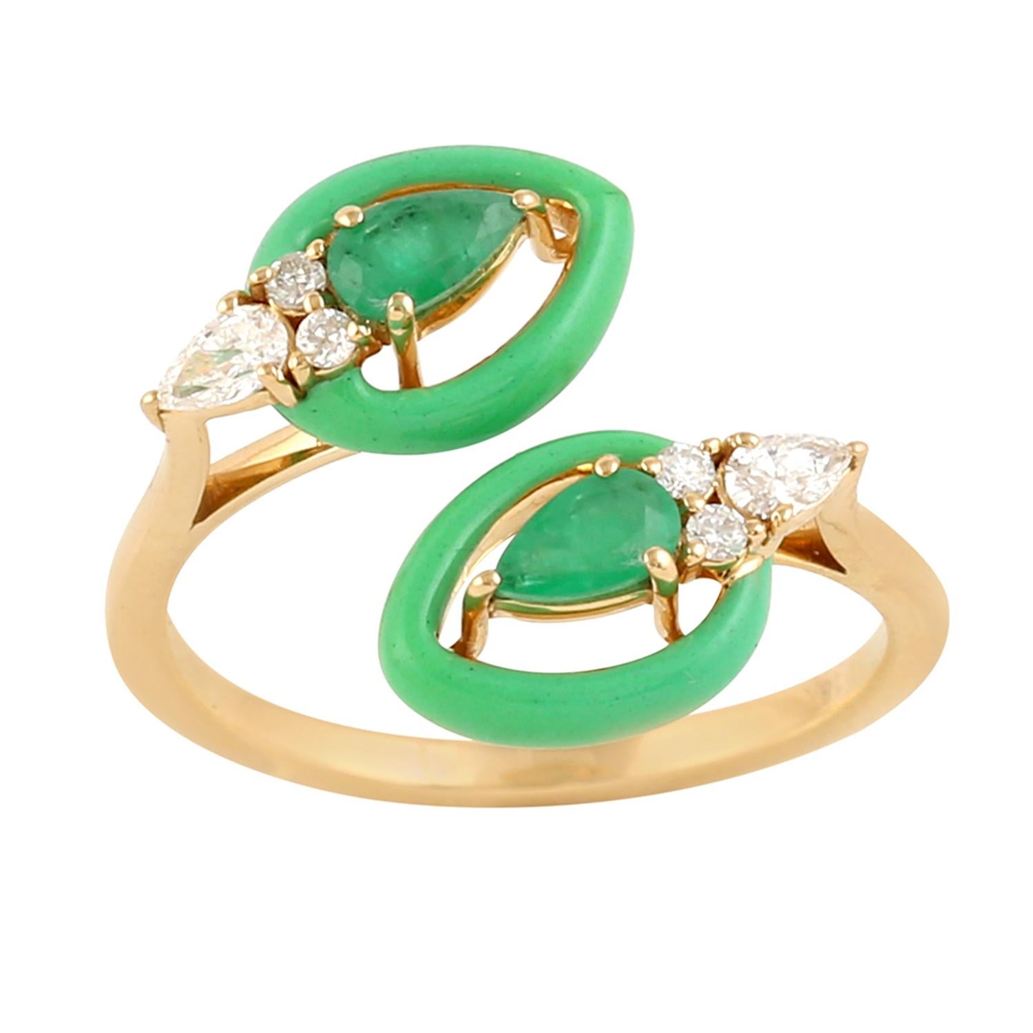 Modern Emerald Diamond 14 Karat Gold Enamel Stud Earrings For Sale