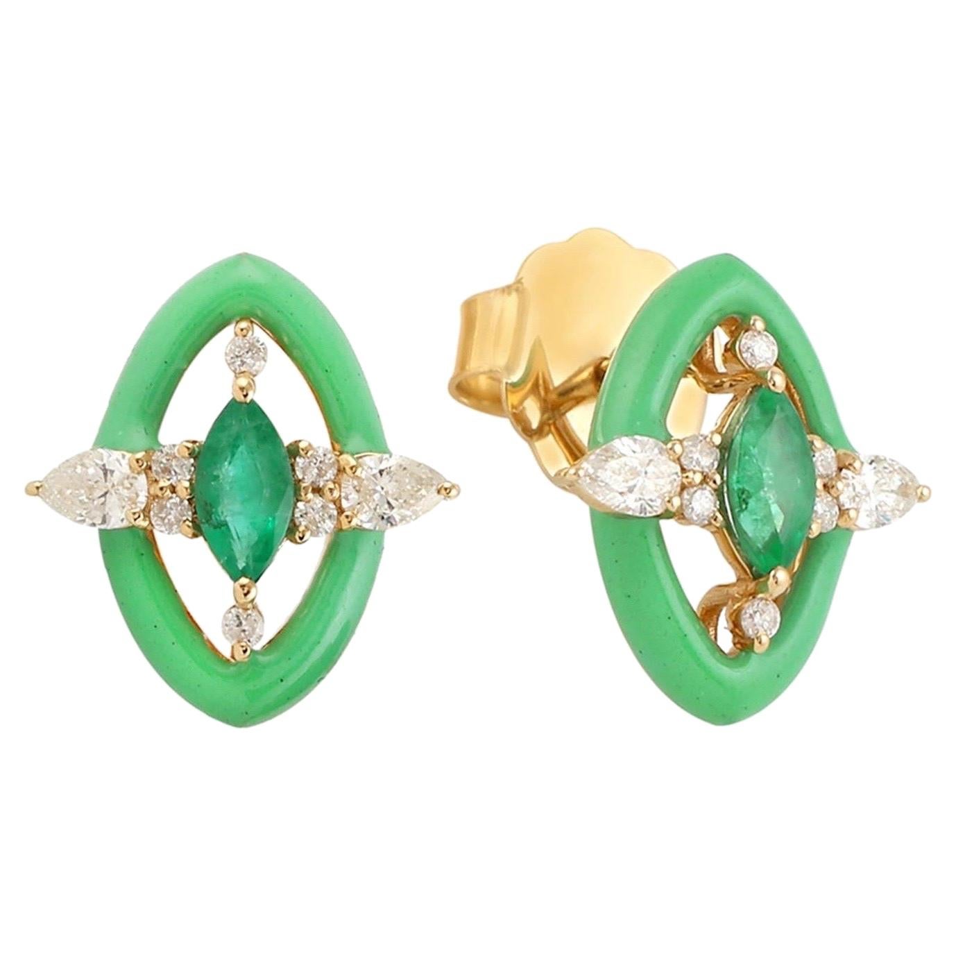 Emerald Diamond 14 Karat Gold Enamel Stud Earrings For Sale