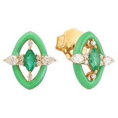 Emerald Diamond 14 Karat Gold Enamel Stud Earrings