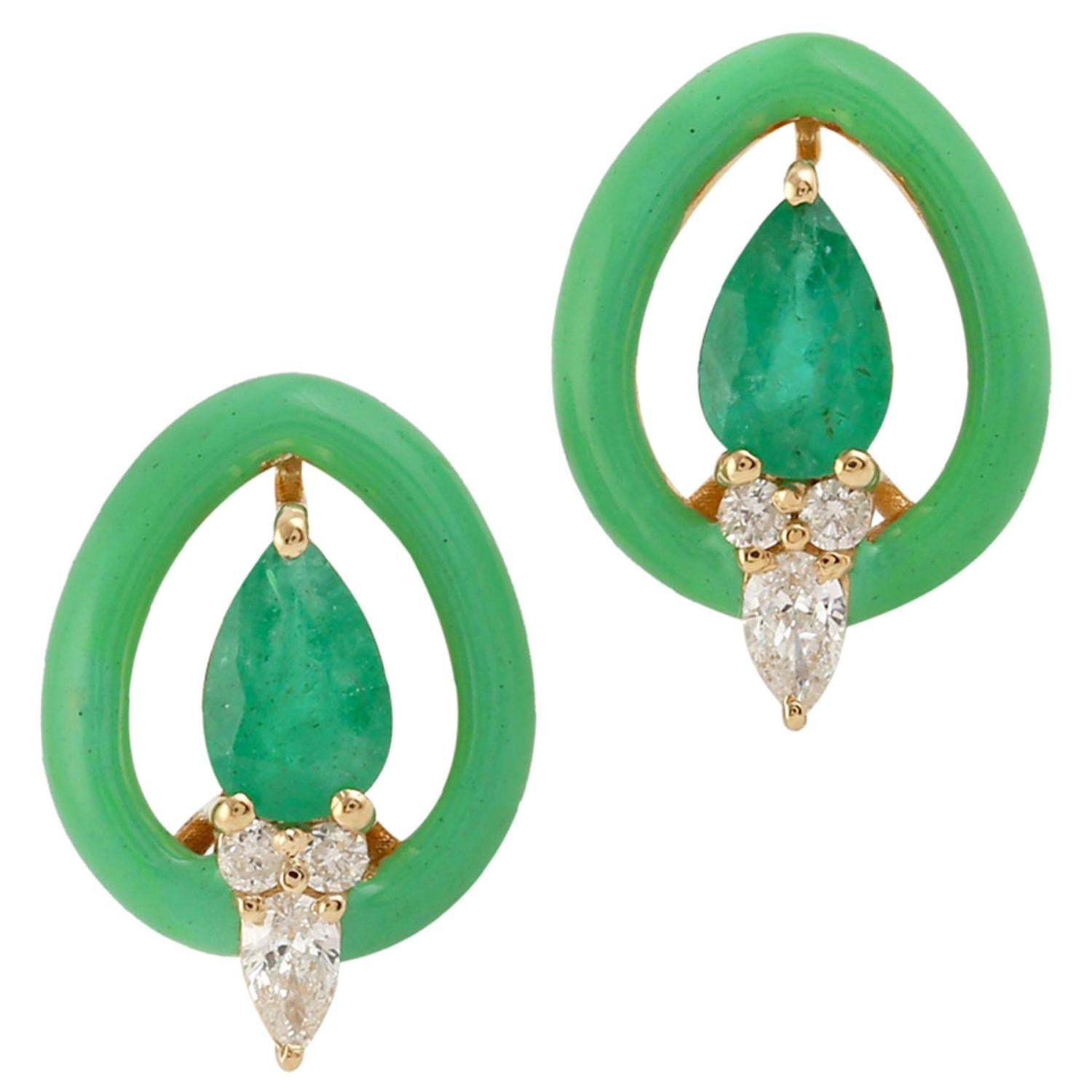 Emerald Diamond 14 Karat Gold Enamel Stud Earrings For Sale