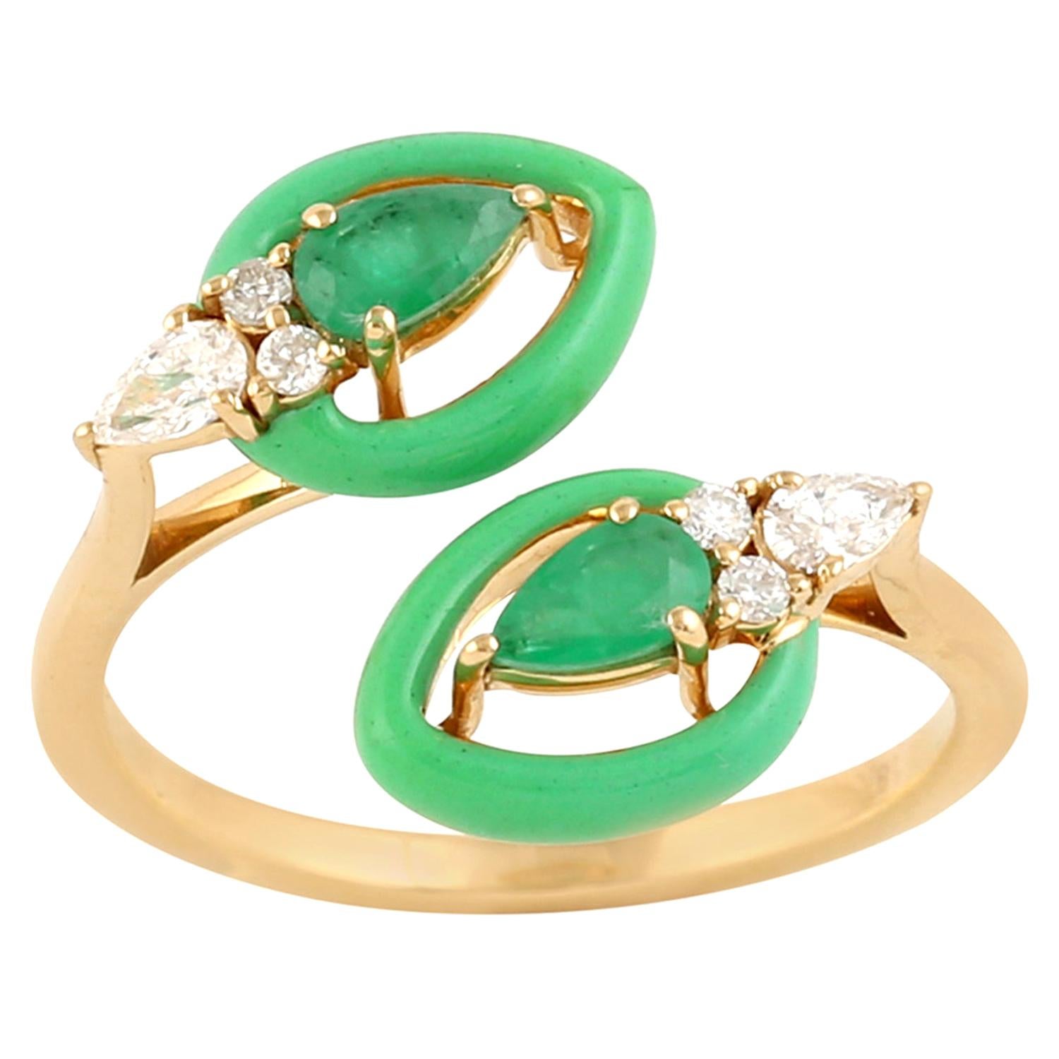 Emerald Diamond 14 Karat Gold Enamel Wrap Ring For Sale