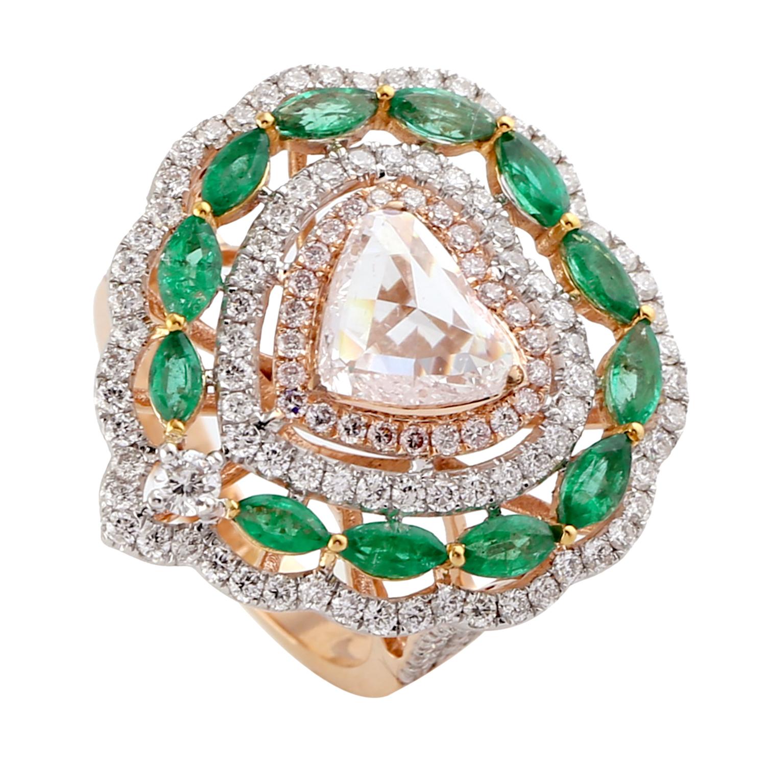 This ring has been meticulously crafted from 14-karat gold.  It is hand set with 1.53 carat emerald & 2.43 carats of sparkling diamonds. 

The ring is a size 6.5 and may be resized to larger or smaller upon request. 
FOLLOW  MEGHNA JEWELS storefront