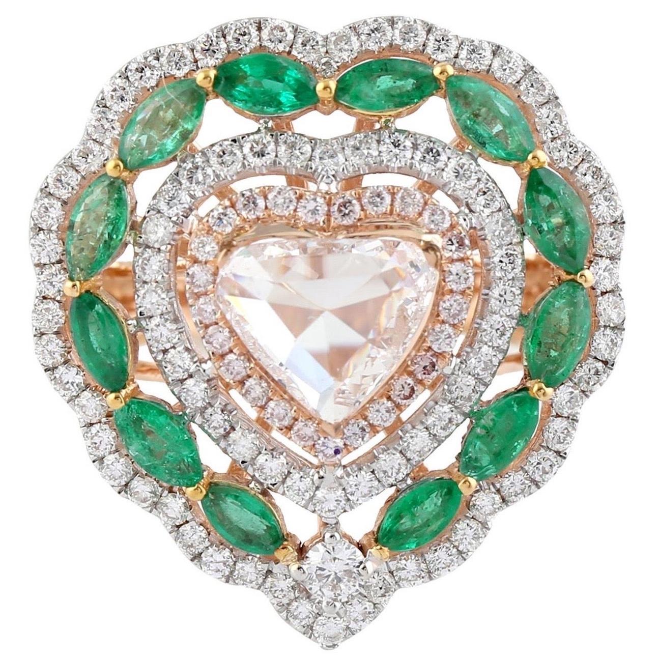 Bague coeur en or 14 carats avec émeraude et diamant en vente