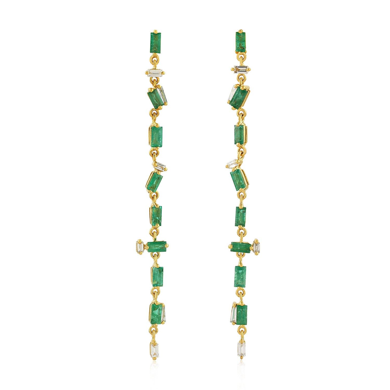 Baguette Cut Emerald Diamond 18 Karat Gold Linear Earrings For Sale