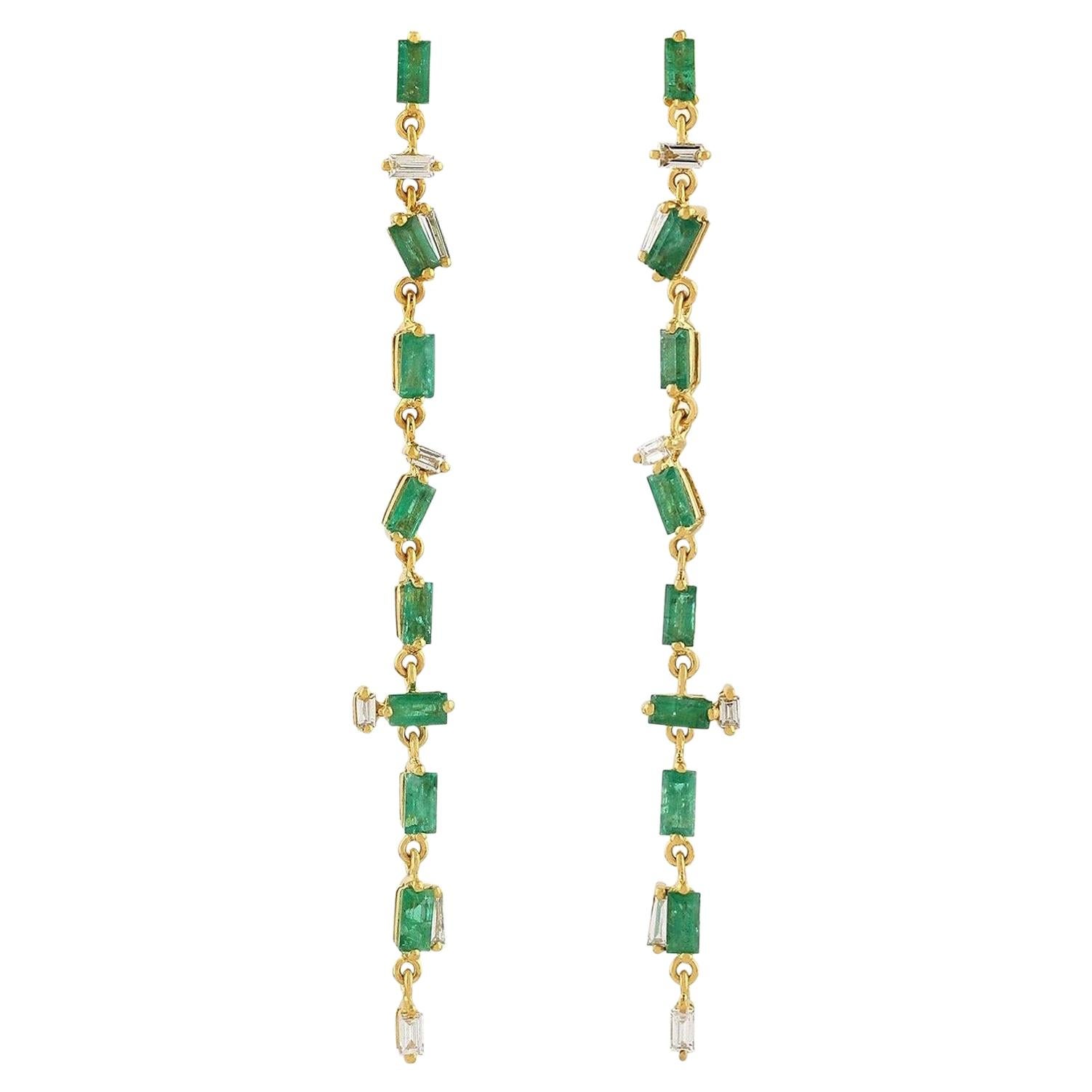 Emerald Diamond 18 Karat Gold Linear Earrings