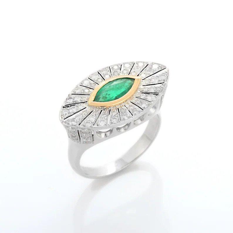 Emerald Diamond 14 Karat Gold Marquise Art Deco Style Ring In New Condition For Sale In Hoffman Estate, IL