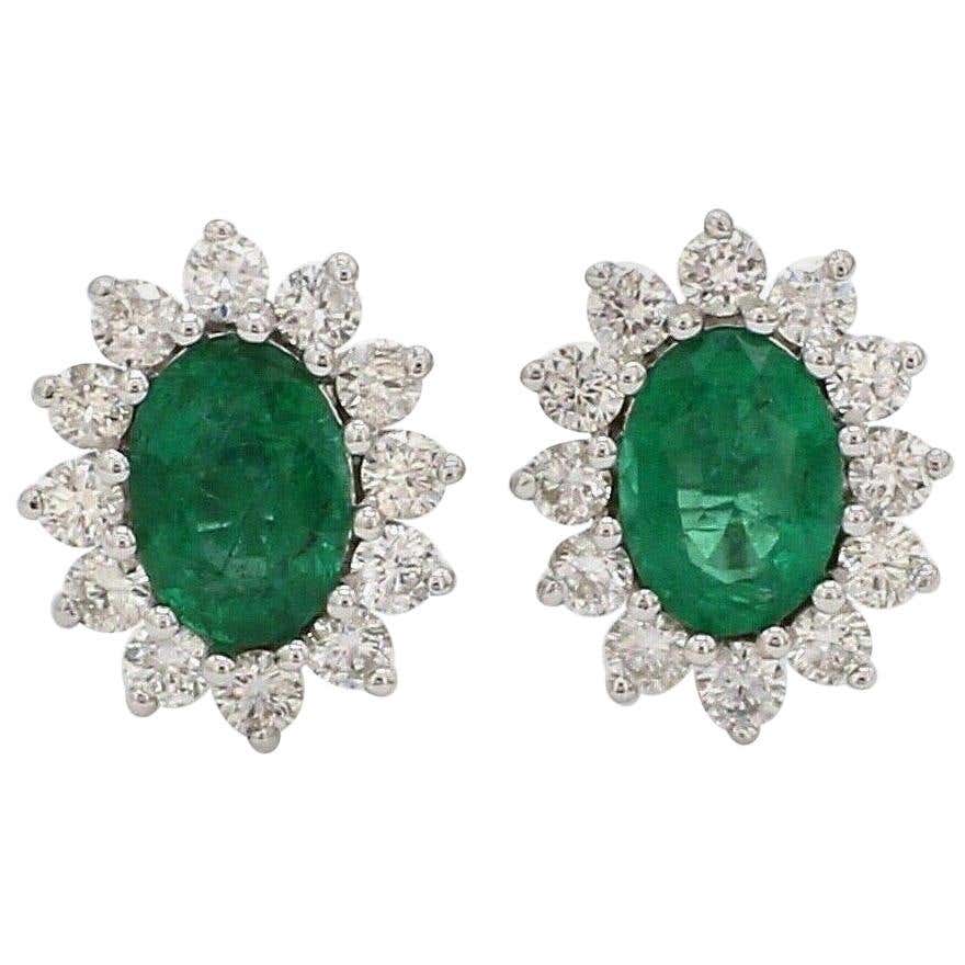 Emerald Diamond 18 Karat Gold Oval Stud Earrings For Sale at 1stDibs