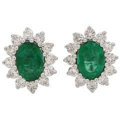 Emerald Diamond 18 Karat Gold Oval Stud Earrings