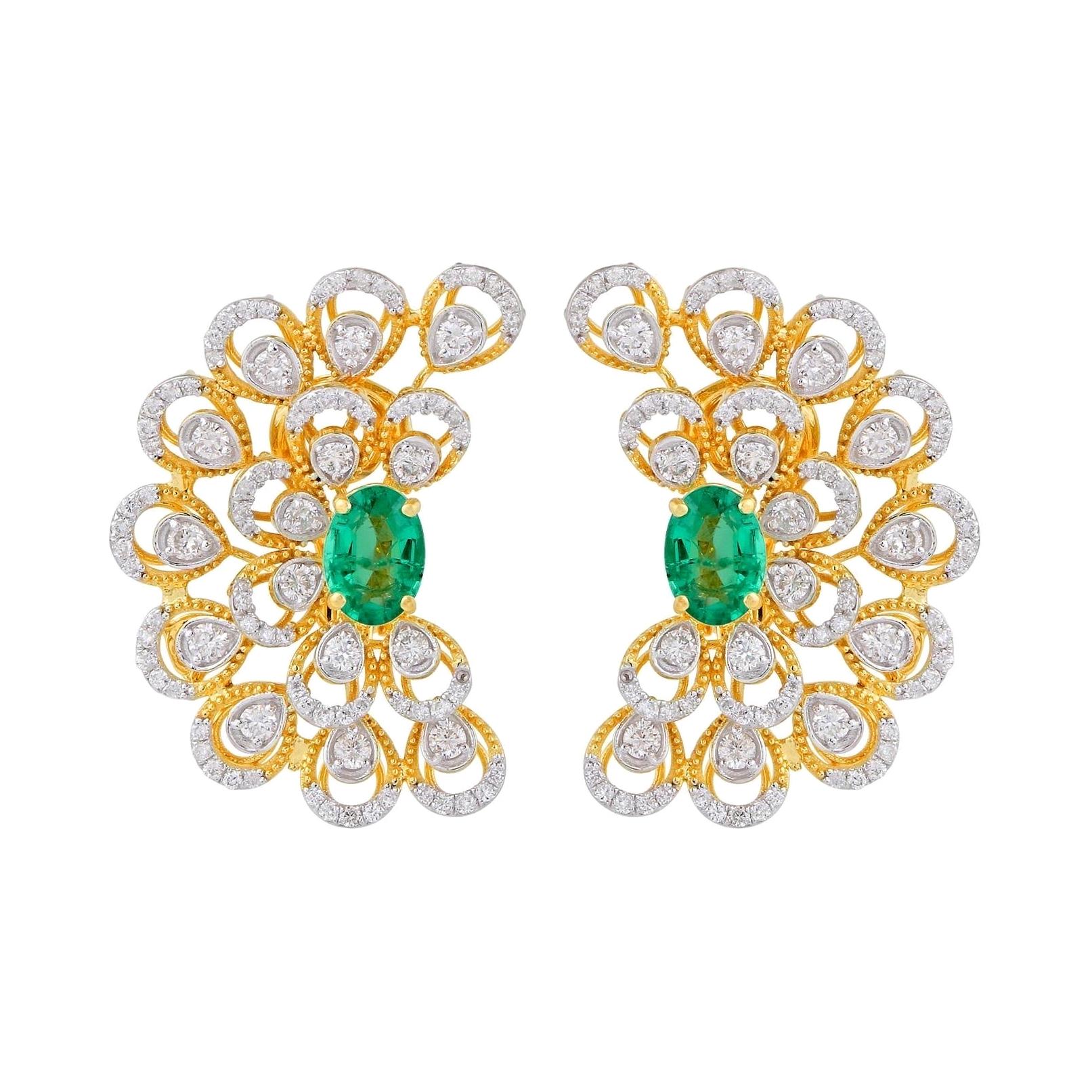 Emerald Diamond 14 Karat Gold Peacock Earrings