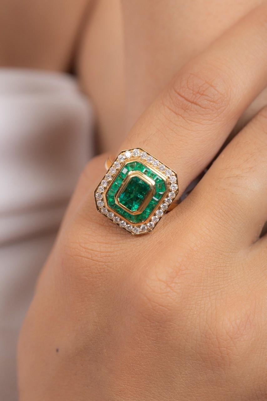 This ring has been meticulously crafted from 14-karat gold.  It is hand set with 3.03 carats emerald & .65 carats of sparkling diamonds. 

The ring is a size 7 and may be resized to larger or smaller upon request. 
FOLLOW  MEGHNA JEWELS storefront