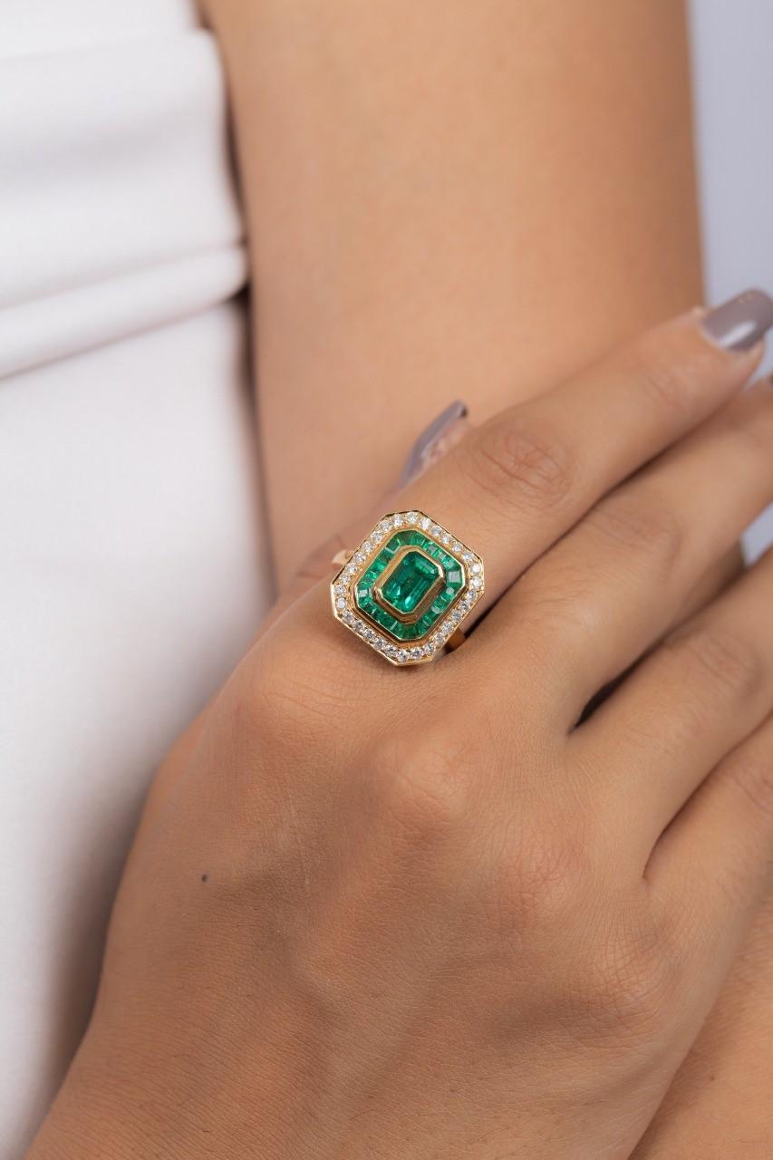 Octagon Cut Emerald Diamond 18 Karat Gold Ring For Sale