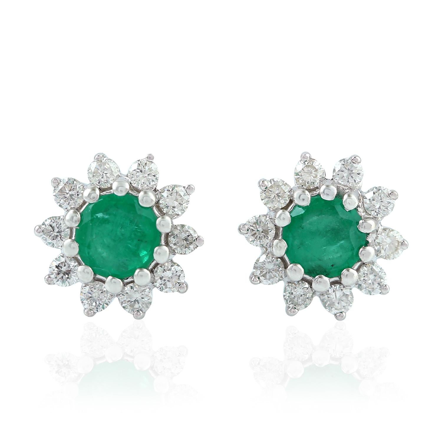Rose Cut Emerald Diamond 18 Karat Gold Stud Earrings For Sale