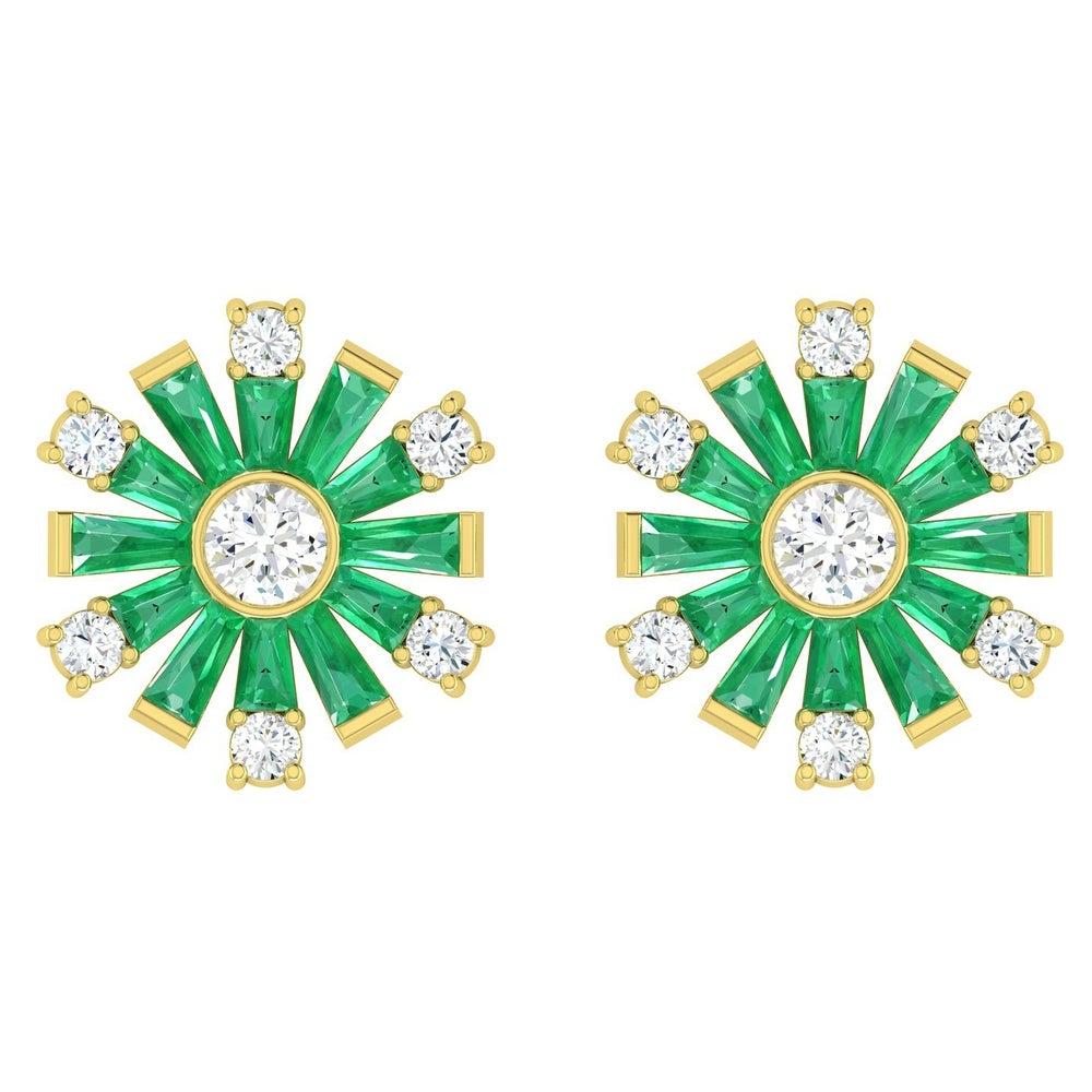 Baguette Cut Emerald Diamond 18 Karat Gold Stud Earrings For Sale