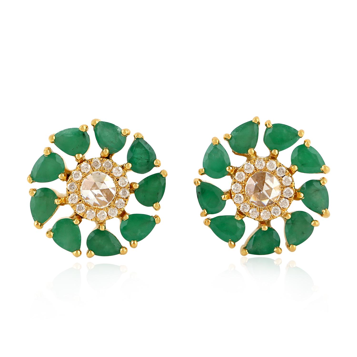 Mixed Cut Emerald Diamond 18 Karat Gold Stud Earrings For Sale