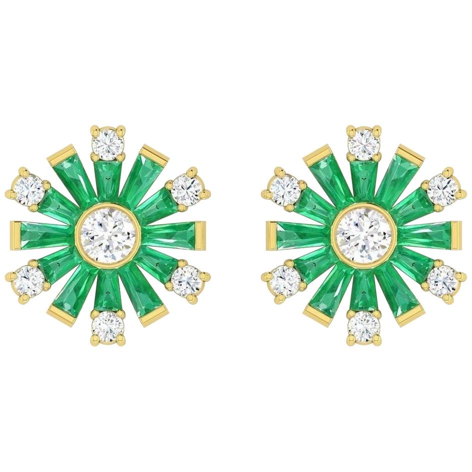 Emerald Diamond 18 Karat Gold Stud Earrings For Sale