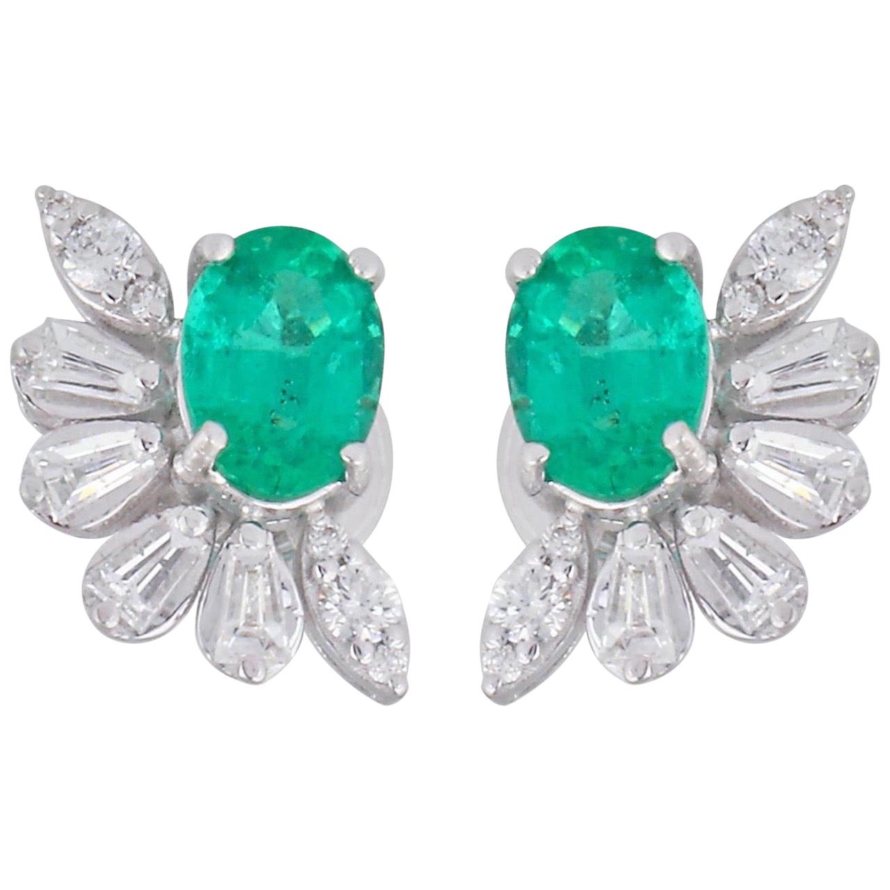 Emerald Diamond 18 Karat Gold Stud Earrings